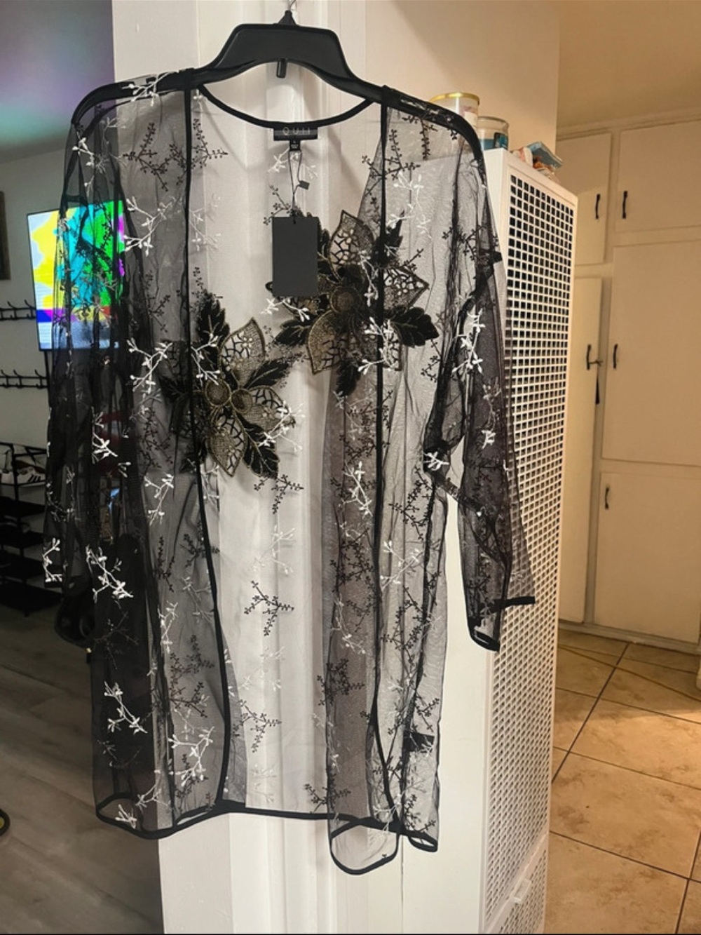 Sheer Black Floral Embroidered Kimono Jacket by
